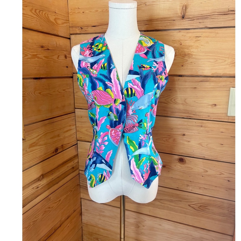 Vintage Ocean Life Novelty Print Vest Women Medium Blue Fish Shark Handmade Uniq